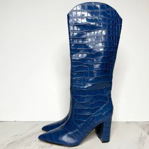 Marc Fisher Uday Blue Crocodile Leather Pointy Toe Tall Boot 8 1/2 M