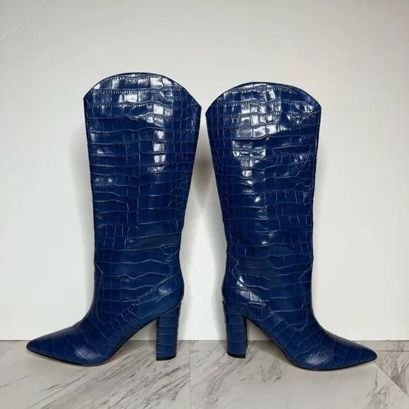 Marc Fisher Uday Blue Crocodile Leather Pointy Toe Tall Boot 8 1/2 M