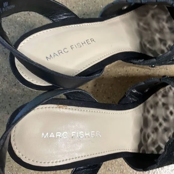 Marc Fisher &quot;Hata&quot; Espadrille Wedge Studded Sandals Black Suede sz 8