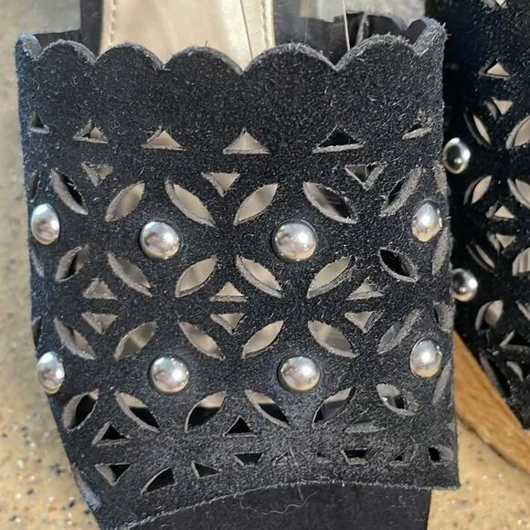 Marc Fisher &quot;Hata&quot; Espadrille Wedge Studded Sandals Black Suede sz 8