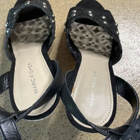 Marc Fisher &quot;Hata&quot; Espadrille Wedge Studded Sandals Black Suede sz 8