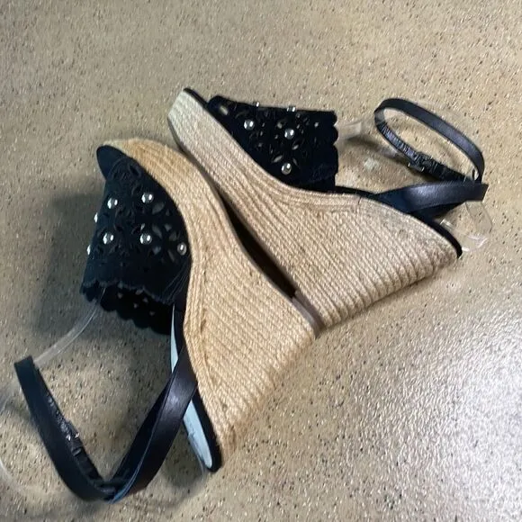 Marc Fisher &quot;Hata&quot; Espadrille Wedge Studded Sandals Black Suede sz 8