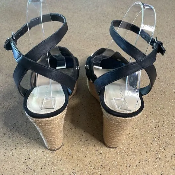Marc Fisher &quot;Hata&quot; Espadrille Wedge Studded Sandals Black Suede sz 8