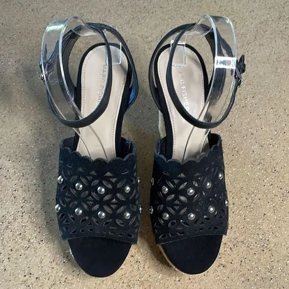 Marc Fisher &quot;Hata&quot; Espadrille Wedge Studded Sandals Black Suede sz 8