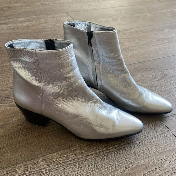 Marc Ellis Silver Leather Western Ankle Boots w Chunky Black Heel