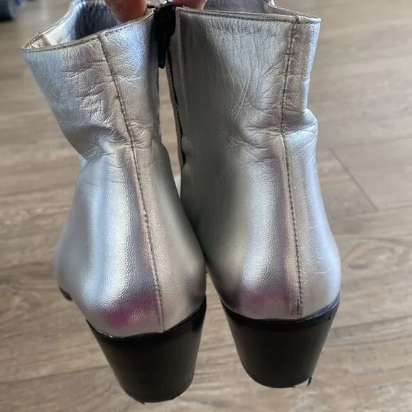 Marc Ellis Silver Leather Western Ankle Boots w Chunky Black Heel