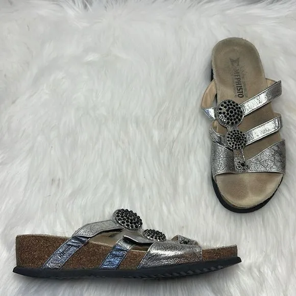 Mephisto Silver Leather Studded Strappy Slide Sandals Sz 39/US 9