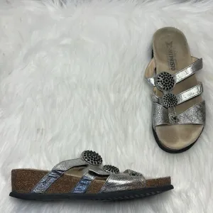Mephisto Silver Leather Studded Strappy Slide Sandals Sz 39/US 9