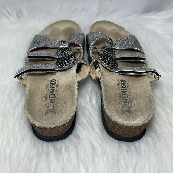 Mephisto Silver Leather Studded Strappy Slide Sandals Sz 39/US 9