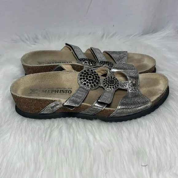 Mephisto Silver Leather Studded Strappy Slide Sandals Sz 39/US 9