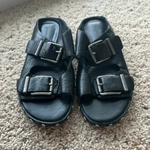 Mercer edit black leather double strap sandals silver studded studs