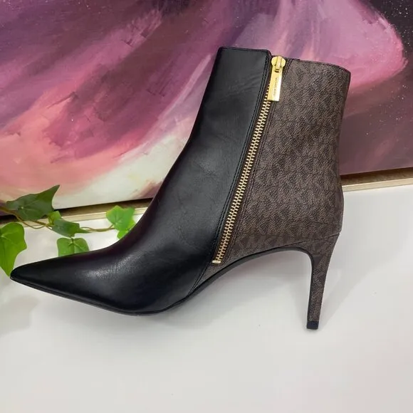 Michael Kors Alina Flex Leather and Logo Ankle Boot in Black Brown Size 9.5