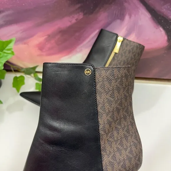 Michael Kors Alina Flex Leather and Logo Ankle Boot in Black Brown Size 9.5