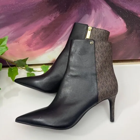 Michael Kors Alina Flex Leather and Logo Ankle Boot in Black Brown Size 9.5