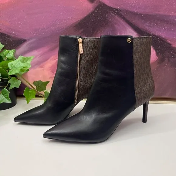 Michael Kors Alina Flex Leather and Logo Ankle Boot in Black Brown Size 9.5
