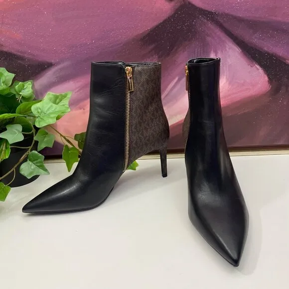 Michael Kors Alina Flex Leather and Logo Ankle Boot in Black Brown Size 9.5