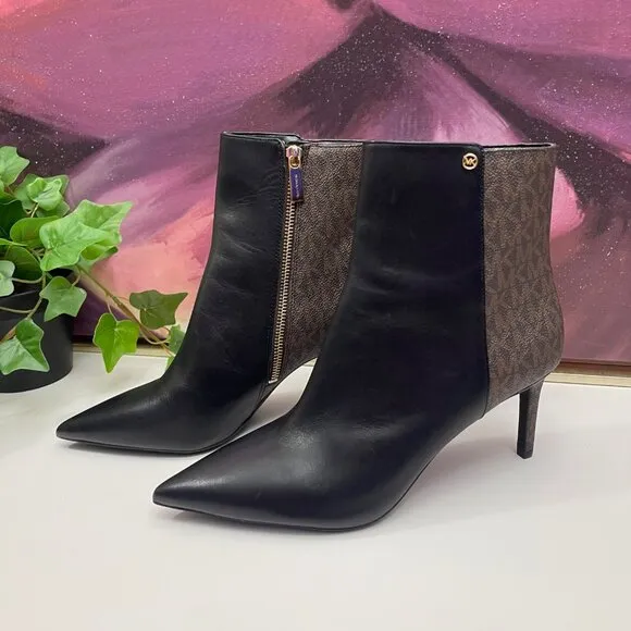 Michael Kors Alina Flex Leather and Logo Ankle Boot in Black Brown Size 9.5