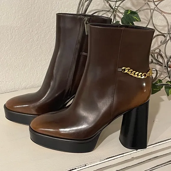 Michael Kors Brown and Gold Heeled Boots with Chunky Heel