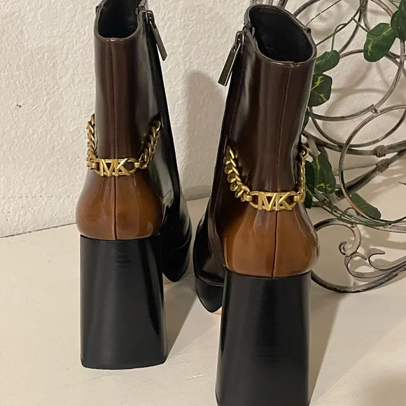 Michael Kors Brown and Gold Heeled Boots with Chunky Heel