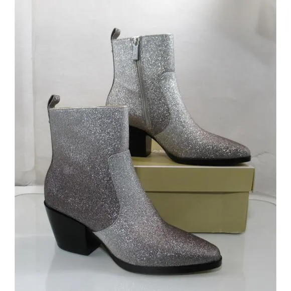 Michael Kors Harlow Bootie Glitter Embellished Boots Silver / Black Size 8