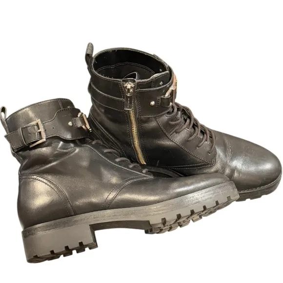 Michael Kors Kincaid Black Leather Zip Combat Boot Silver Accents Womens 8.5
