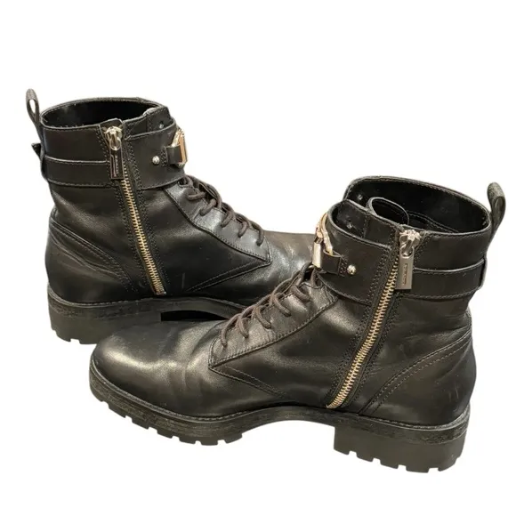 Michael Kors Kincaid Black Leather Zip Combat Boot Silver Accents Womens 8.5