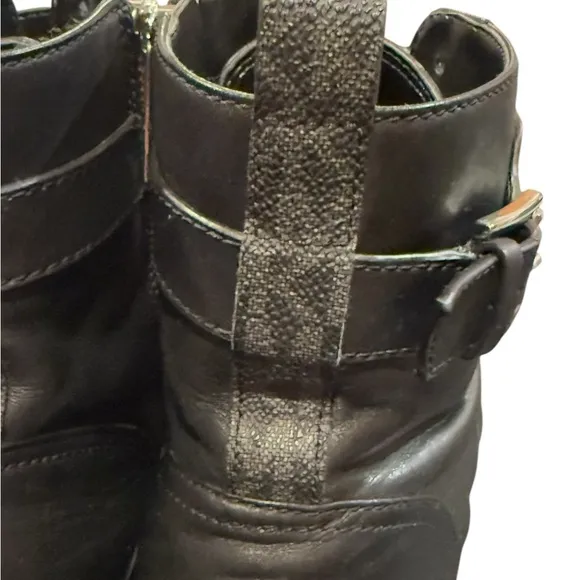 Michael Kors Kincaid Black Leather Zip Combat Boot Silver Accents Womens 8.5