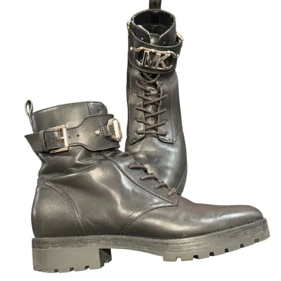 Michael Kors Kincaid Black Leather Zip Combat Boot Silver Accents Womens 8.5
