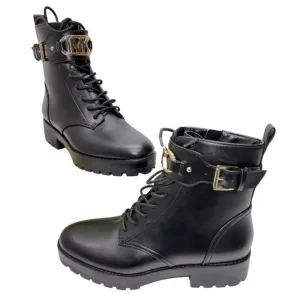 Michael Kors Kincaid Black Leather Zip Combat Boot Silver Accents Womens 8.5