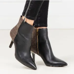 Michael Kors Monogram Heeled Boots Leather Ankle Black Brown Pointed Toe