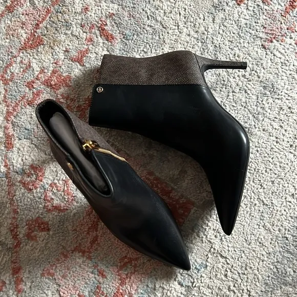 Michael Kors Monogram Heeled Boots Leather Ankle Black Brown Pointed Toe