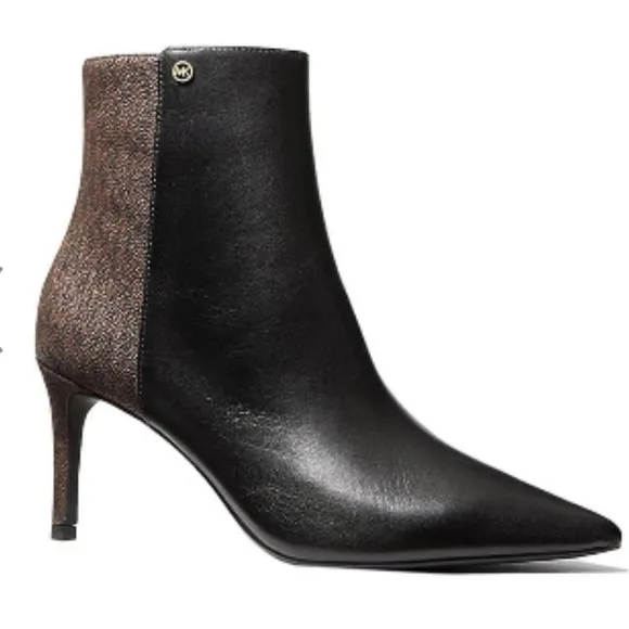 Michael Kors Monogram Heeled Boots Leather Ankle Black Brown Pointed Toe