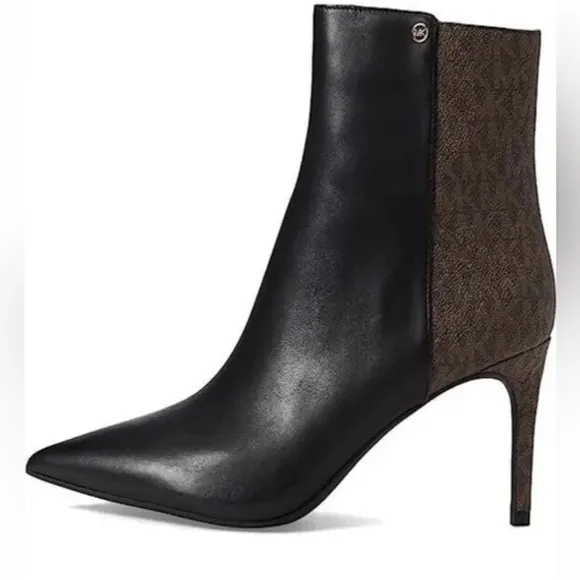 Michael Kors Monogram Heeled Boots Leather Ankle Black Brown Pointed Toe
