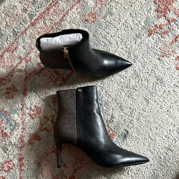 Michael Kors Monogram Heeled Boots Leather Ankle Black Brown Pointed Toe