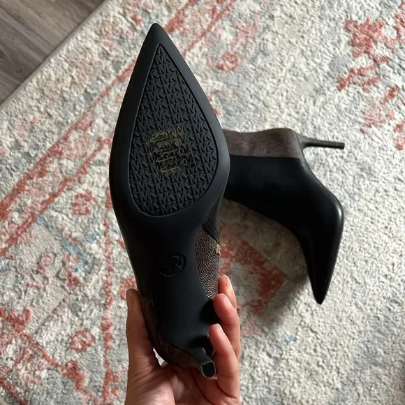 Michael Kors Monogram Heeled Boots Leather Ankle Black Brown Pointed Toe