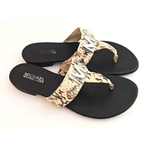 Michael Kors Thong Sandals Silver MK Logo Snakeskin Leather Sz 8M