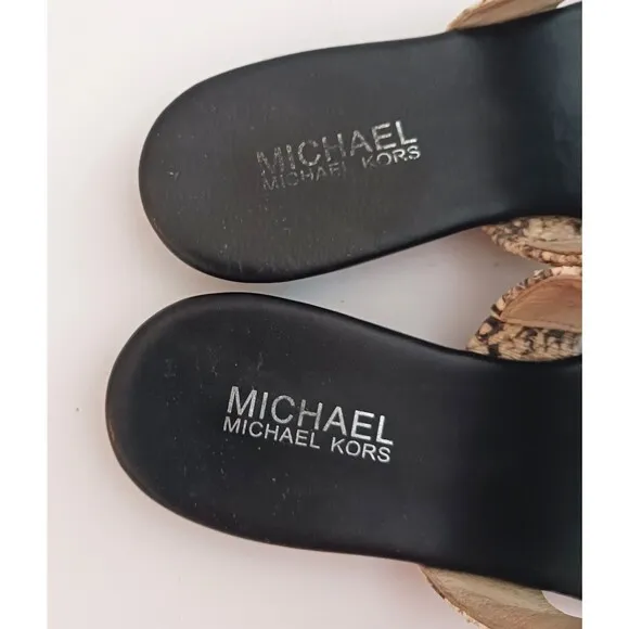 Michael Kors Thong Sandals Silver MK Logo Snakeskin Leather Sz 8M