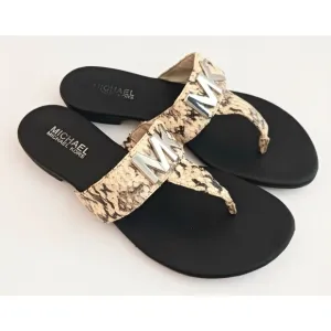 Michael Kors Thong Sandals Silver MK Logo Snakeskin Leather Sz 8M