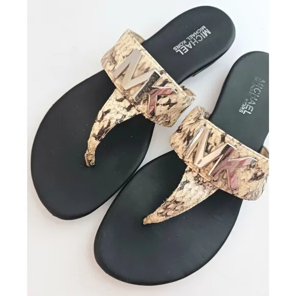 Michael Kors Thong Sandals Silver MK Logo Snakeskin Leather Sz 8M