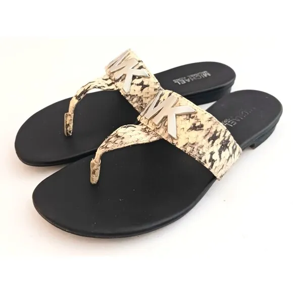 Michael Kors Thong Sandals Silver MK Logo Snakeskin Leather Sz 8M