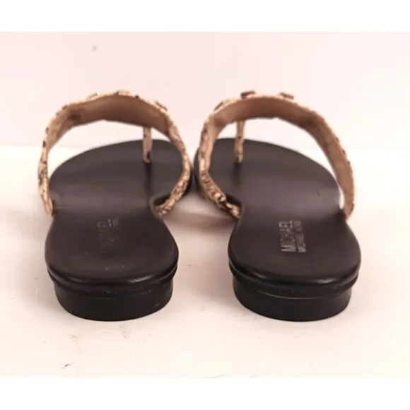 Michael Kors Thong Sandals Silver MK Logo Snakeskin Leather Sz 8M