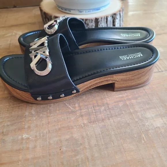 Michael Kors Womens Parker Logo Black Leather Slide Wood Sandals Size 6.5