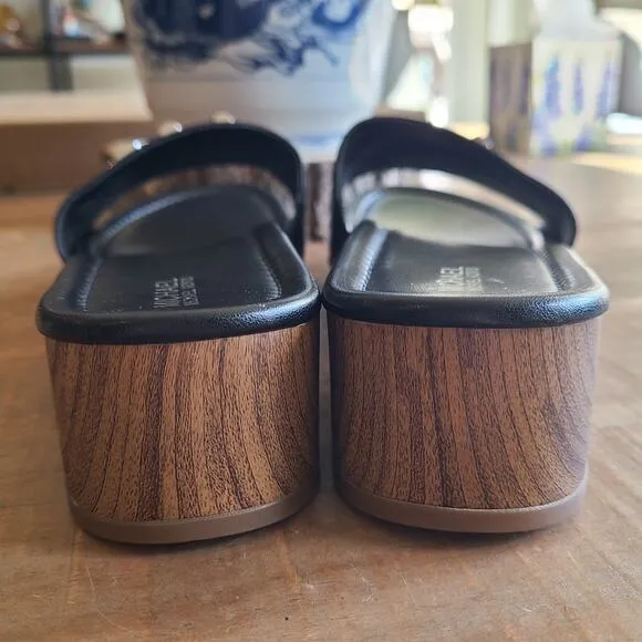 Michael Kors Womens Parker Logo Black Leather Slide Wood Sandals Size 6.5