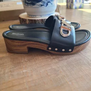 Michael Kors Womens Parker Logo Black Leather Slide Wood Sandals Size 6.5