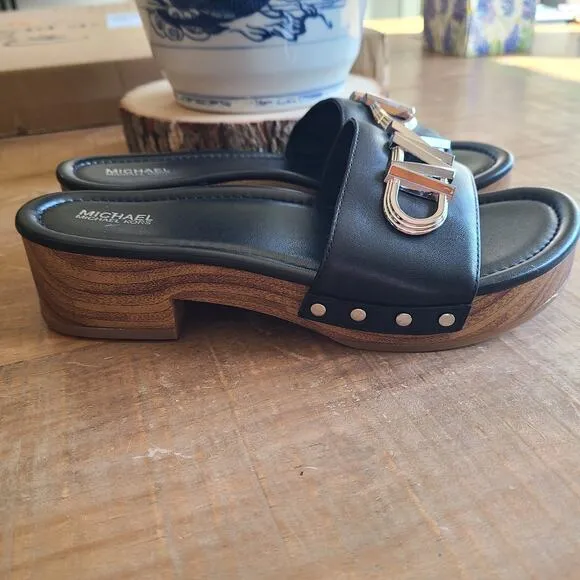 Michael Kors Womens Parker Logo Black Leather Slide Wood Sandals Size 6.5
