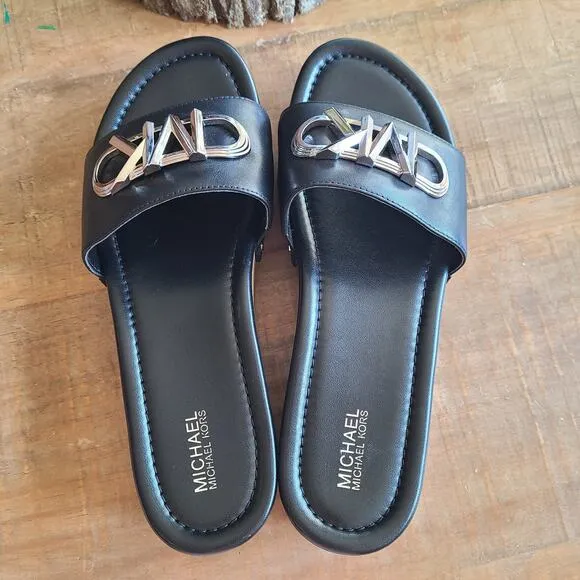 Michael Kors Womens Parker Logo Black Leather Slide Wood Sandals Size 6.5