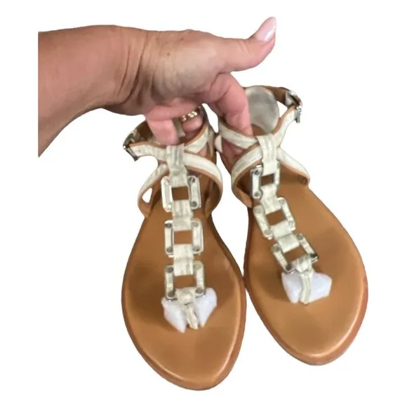 MICHAEL Michael Kors &quot;Darci&quot; Leather Embossed Thong Sandal White Gray Size 8M