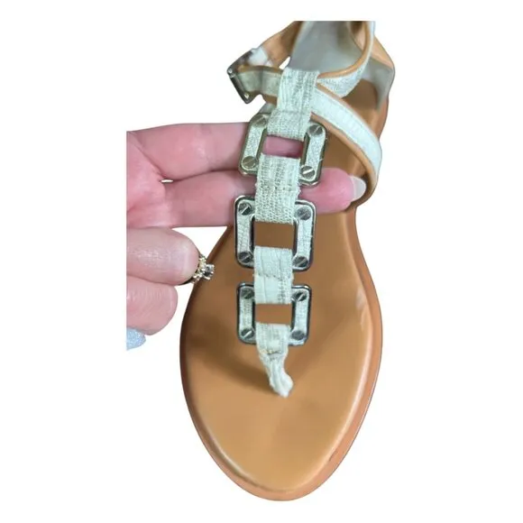 MICHAEL Michael Kors &quot;Darci&quot; Leather Embossed Thong Sandal White Gray Size 8M
