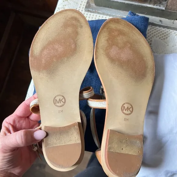 MICHAEL Michael Kors &quot;Darci&quot; Leather Embossed Thong Sandal White Gray Size 8M