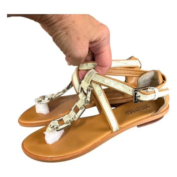 MICHAEL Michael Kors &quot;Darci&quot; Leather Embossed Thong Sandal White Gray Size 8M
